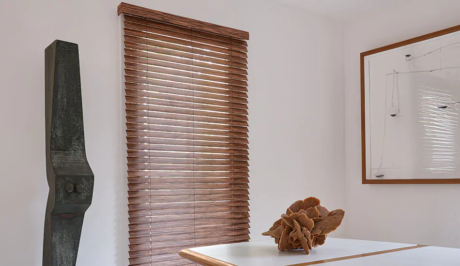 A mid-century modern room has colored window blinds made of 2-inch Exotic wood in Ebony for lots of color variation