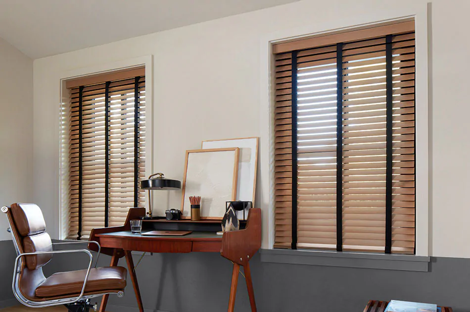 A mid-century modern office features wood blinds made of 2-inch Exotic Oak showing how to install blinds in an office
