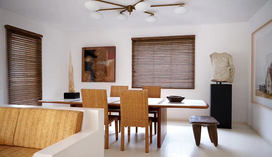 Wood Blinds made of Exotic wood in Zebrano suit a modern dining room, showing the difference between blinds vs curtains