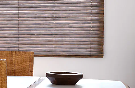 Window treatments for bay windows include Wood Blinds made of 2-inch Exotic in Zebrano which has lots of grain variation