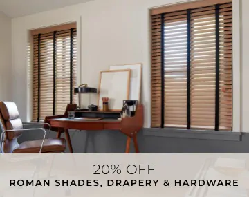 2 Inch Oak Wood Blinds cover windows in an office with a wooden desk and leather chair with overlaid sales messaging