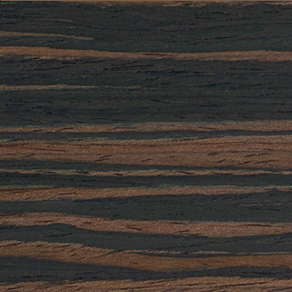 A swatch for colored window blinds shows 2-inch Exotic in Ebony for a deep wood tone with dramatic highlights and lowlights