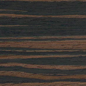 A swatch for colored window blinds shows 2-inch Exotic in Ebony for a deep wood tone with dramatic highlights and lowlights