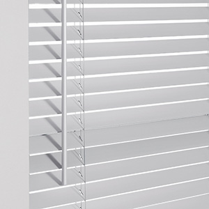 A product image of Wood Blinds with a wand tilt control system shows the want controlling the tilted slats