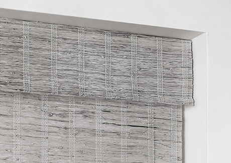 A product image of a soft valance for Woven Wood Shades shows the flap of textured material to match your shade