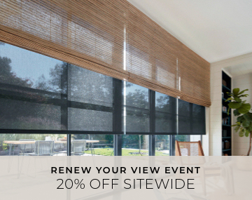 Waterfall Woven Wood Shades and Solar Shades cover large windows with overlaid sales messaging for 20% off sitewide
