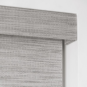 A product image shows a Woven Wood Shade with an upholstered valance which is compatible with the Naturals collection
